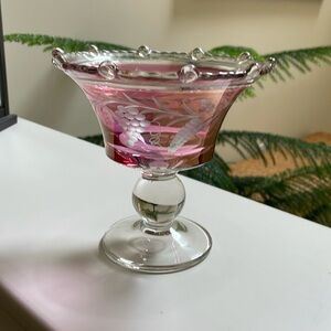 Reduced! Vintage etched cranberry glass pedestal compote.